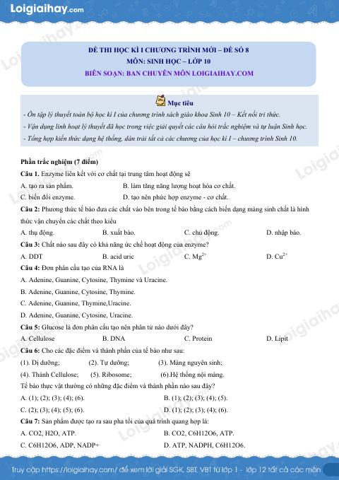 Đề thi học kì 1 Sinh 10 Kết nối tri thức - Đề số 8